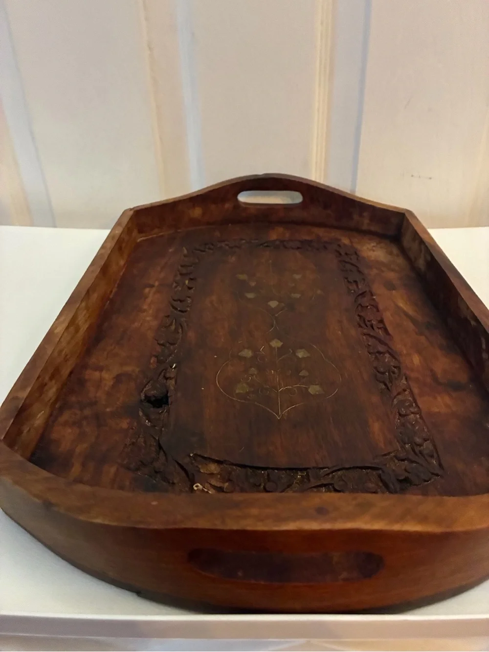 Vintage Indian Carved Wooden Tray Brass Floral Inlay 14.75x10 Farmhouse (as is)
